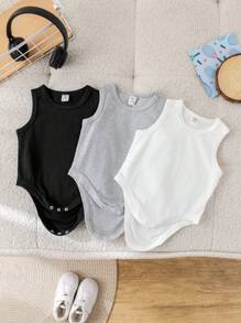 SHEIN Set de 3 piezas de pelele sin mangas de punto unisex para bebé, negro/blanco/gris