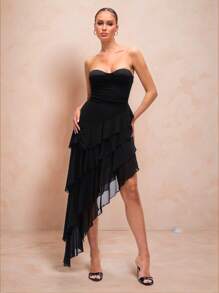 Lumalex Women's Black Elegant Summer Night Out Layered Ruffle Hem Corsage Dress,Semi-See-Through Graduation Cocktail Birthday Dresses For Wedding Banquet - Black - View 1