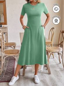 SHEIN Frenchy 女士休闲圆领短袖黑色长裙，夏季 - 綠色 - 查看 5