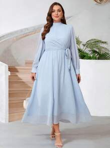 SHEIN Frenchy Plus Size Women's Long Sleeve Elegant Dress,Sky Blue Stand Collar Side Knot Pastel Spring Autumn Solid Color Wedding Bridal Dress - Blue - View 4