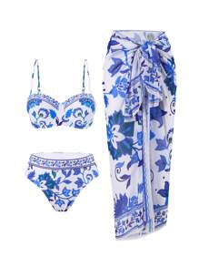 SHEIN Swim 3pcs/Set Women Bikini Swimwear With Wire Underwire, Adjustable Shoulder Straps & Blue Floral Print, Sexy Push Up Swimwear, Cover-Up, Beach/Pool Party Summer Vacation - Blue - View 2