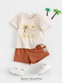 Cozy Pixies 2 件套婴儿男孩套装：椰子树图案针织柔软圆领短袖上衣和松紧腰短裤 - 彩色 - 查看 7