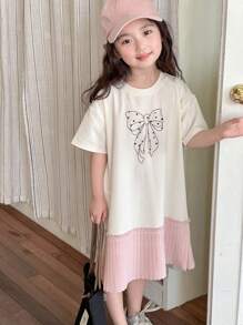 Dazy Kids Kleine Mädchen Rundhals Schleifenprint Patchwork Kurzarm Frühlings-/Sommerkleid - Weiss - Übersicht 6