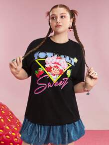 Strawberry Shortcake X SHEIN 加大码字母和卡通人物图案短袖黑色T恤 S 码女款夏季女式T恤女款可爱T恤女款可爱T恤女款狂欢节/音乐会女款/狂欢/乡村音乐会/纳什维尔/伊比沙岛 - 黑色 - 查看 5