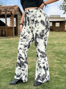 SHEIN EZwear Plus Size Women's Tie-Dye Print Casual Elastic Flare Pants, Spring/Summer - Black - View 3
