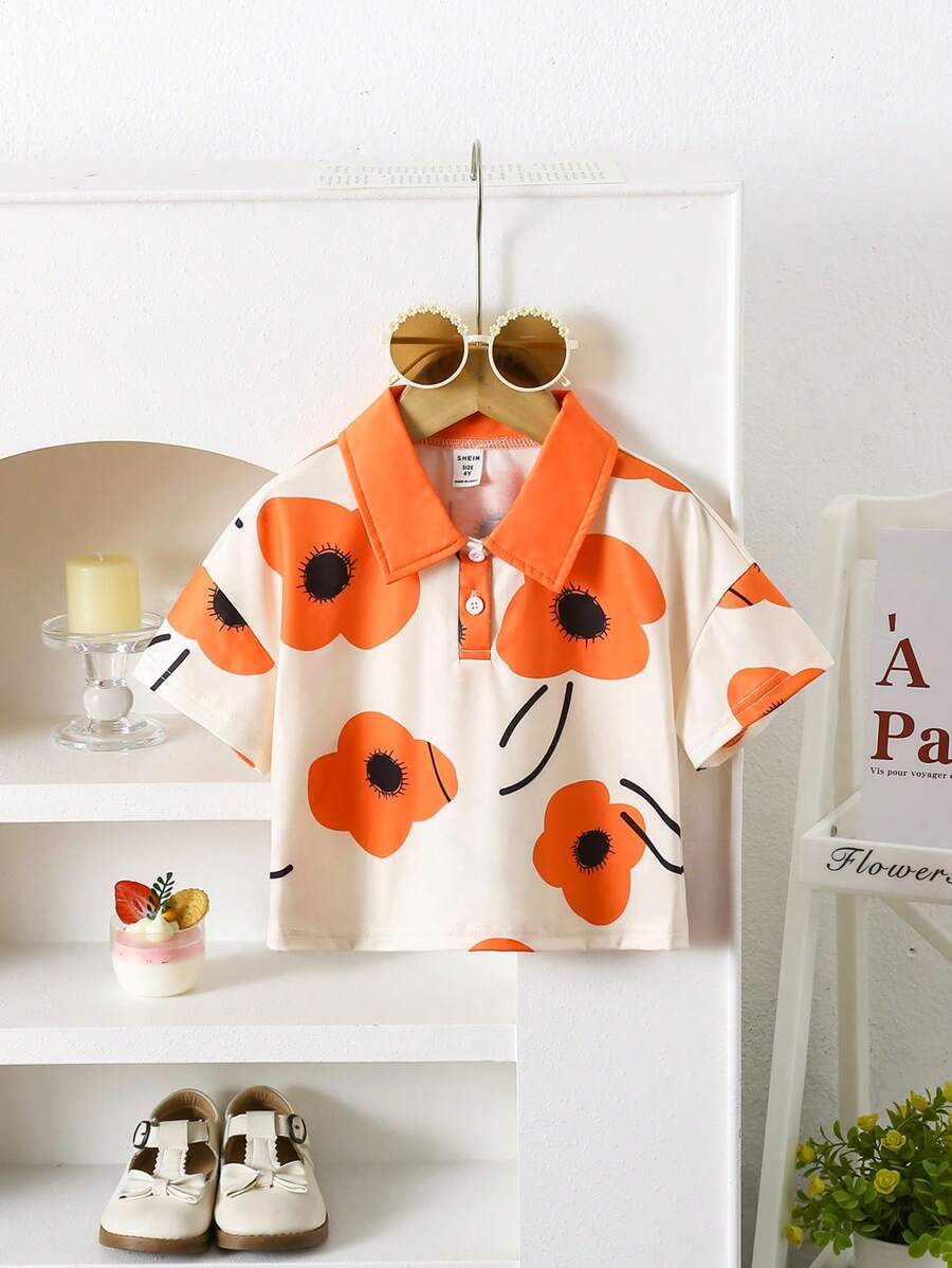 SHEIN Áo thun polo sọc màu đơn giản thường ngày cho bé gái trở lại trường Áo thun polo phong cách đại học dành cho bé gái - Nhiều màu - Xem 1