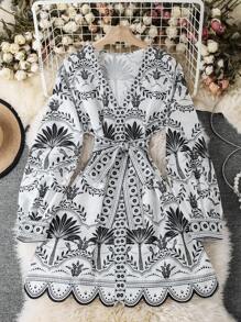 SHEIN Clasi Women's Casual V-Neck Long Sleeve Vacation Plant Print Dress - Black and White - View 1