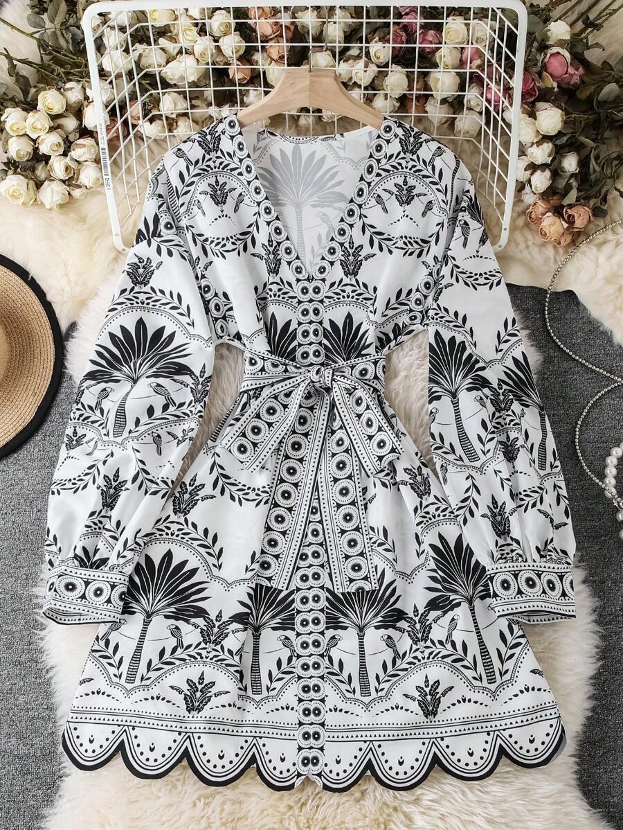 SHEIN Clasi Women's Casual V-Neck Long Sleeve Vacation Plant Print Dress - Black and White - View 1