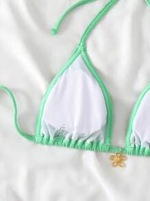 Swim Mod Beach Summer For Women, Textured Fabric Solid Color Women's Halter Triangle Bikini Top - Green - View 4