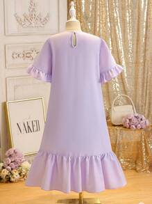 Gaun Pantai Motif Bunga Vintage untuk Anak Perempuan Remaja, Gaya Liburan Pantai Musim Panas - Purple - View 2