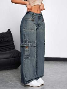 SHEIN ICON Women's Casual Long Denim Jeans With Zipper Details And Cargo Pockets - Blue - View 5