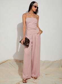 COSMINA Women's Simple Solid Pink Halter Neck Ruched Blouse, Fashionable For Summer - Pink - View 3
