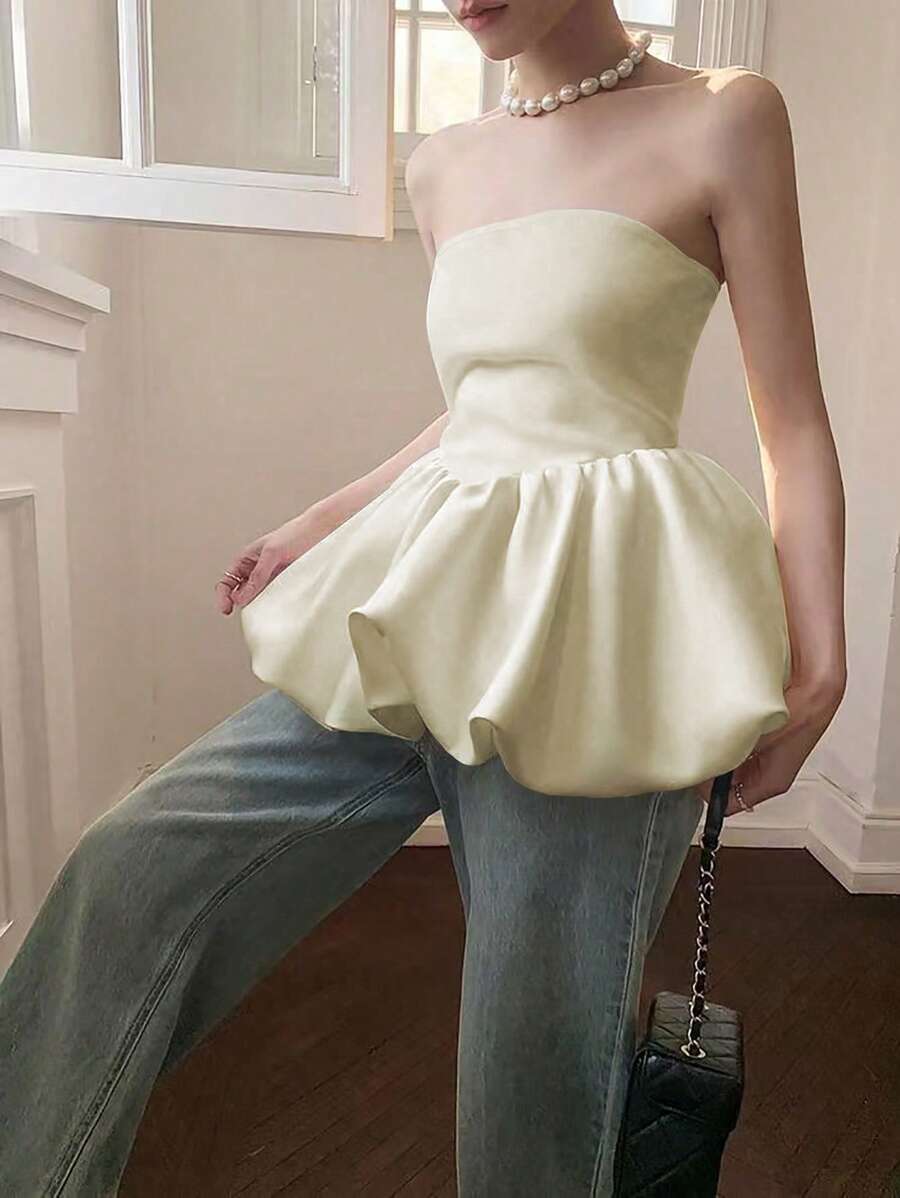 Top bandeau de diseño minimalista con borde con forma de burbuja, adecuado para el verano - Champán - Ver 1