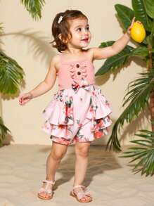 Baby Mädchen lässiger Blumen und Blatt Muster geraffte Träger Druckknopf Romper, bequem und stylisch für Innen und Außen, Frühling/Sommer/Herbst - Verschiedenfarbig - Übersicht 7