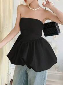 INAWLY Top con volante y peplum en unicolor elegante - Negro - Ver 3