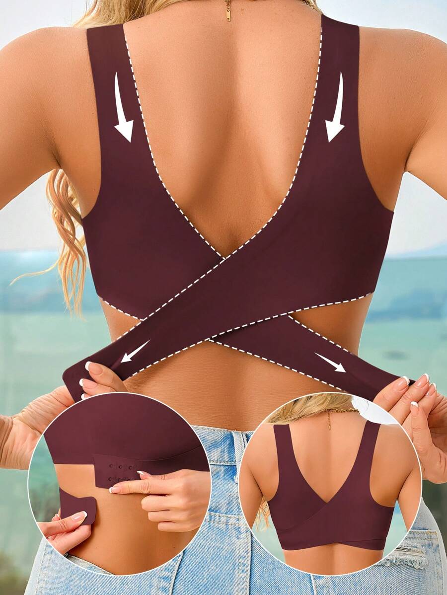 1 件女士无缝无衬垫优雅透气舒适交叉后背抹胸文胸 - 酒紅色 - 查看 1
