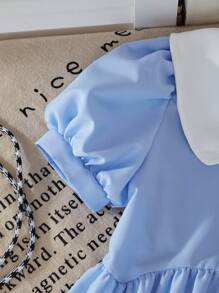 SHEIN Explorewe 年轻女孩甜美圆领荷叶边下摆迷你连衣裙 - 藍色 - 查看 5