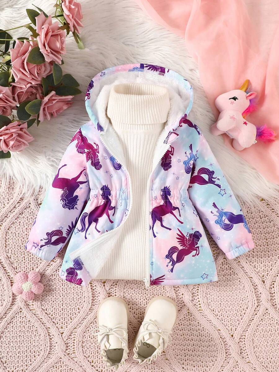 Baby Girl Front Zipper Long Sleeve Full Print Hooded Jacket, Casual Daily Wear