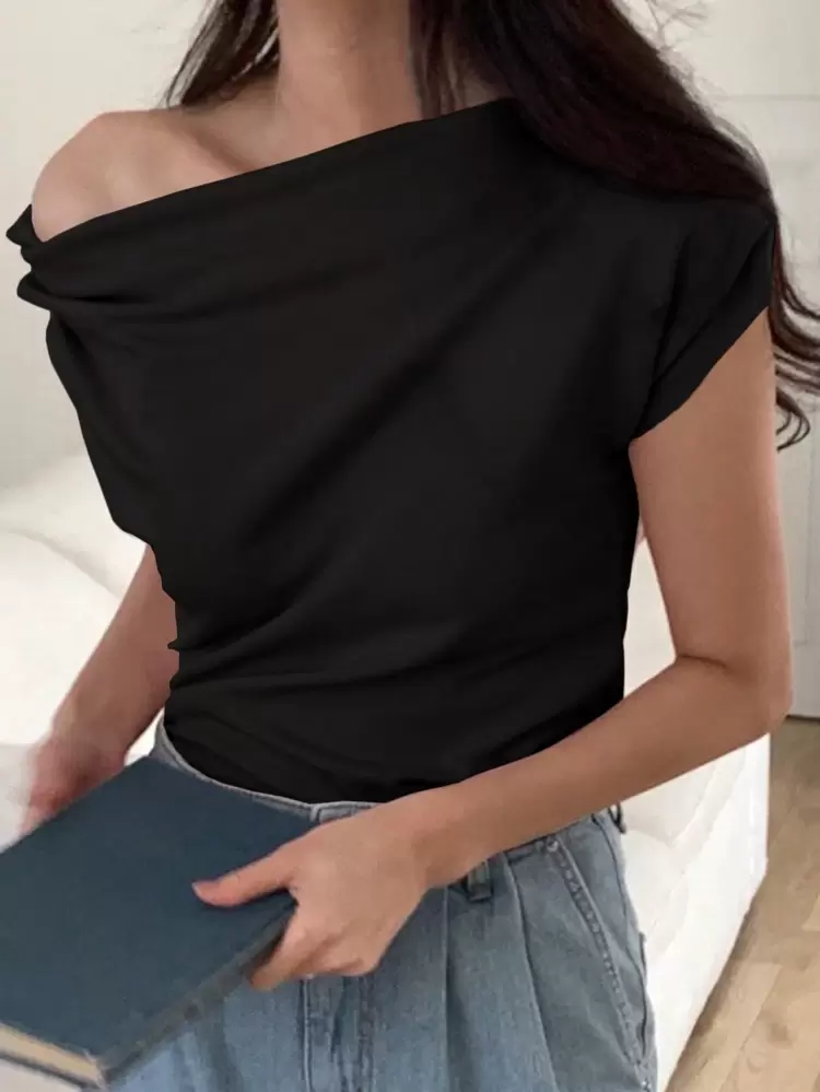 Women Solid Color Fashionable Loose Oblique Shoulder Pleated T-Shirt,Off Shoulder Top