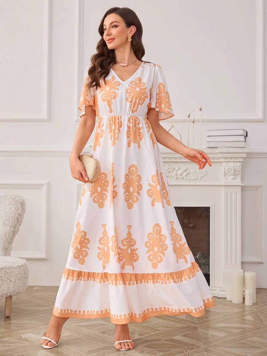 SHEIN Clasi Elegant Resort Hot Selling Floral Print Ruffle Sleeve V-Neck Waist Cinched Dress - White - View 1