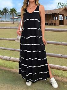 SHEIN LUNE 女士休闲无袖长裙，极简主义时尚日常穿着春假波西米亚风狂欢装节日春假装老钱风格女士狂欢装女士春季装度假装女士 - 黑色 - 查看 1