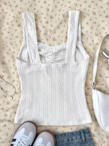 SHEIN 少女休闲BM风格蕾丝边蝴蝶结装饰V领针织吊带背心，适合各种运动、返校、休闲穿着 - 杏色 - 查看 2