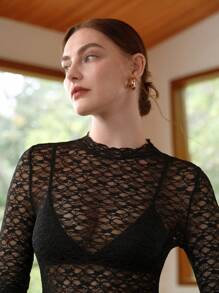 SHEIN Unity Maglietta da donna elegante e sexy, in tessuto trasparente a rete e pizzo, con scollo tondo e maniche lunghe, dalla vestibilità alta ed elastica