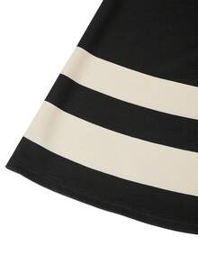 Gownix Striped Print Women's Elegant Solid Black Knit Waist-Cinched A-Line Short Sleeve Mini Dress,Round Neck,Versatile & Comfortable,Summer Office,Tea Party - Black and White - View 5