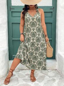 SHEIN Frenchy Plus Size Green Damask Print Boho Midi Dress With V Neck And Ruffle Hem Detail