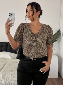 SHEIN Frenchy Plus Size Leopard Print Short Sleeve Shirt, Minimalist Fashion Suitable For Summer - Multicolor - View 3