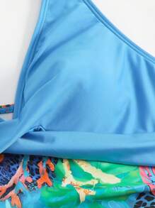 SHEIN Standard Size Navy Blue Ocean & Shell Print Front Cross Waist Ruched Neck Strap Monokini Swimsuit For Women - Multicolor - View 6