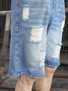 Manfinity EMRG Men's Casual Jeans With Pockets, Distressed Hem & Suspender Detail - Medium Wash - View 8