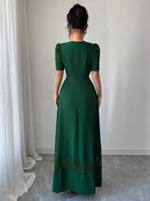 Rafferiza 女士优雅撞色蕾丝圆领泡泡袖绿色迷你连衣裙 - 綠色 - 查看 2