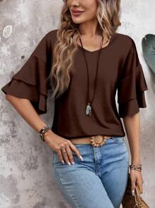 EMERY ROSE Plus Size V-Neck Ruffle Sleeve Simple T-Shirt,Women Brown Summer Smart Casual Hiking Top,Country Fashionable Everyday Wear,Vacation Woman Spring - Coffee Brown - View 1