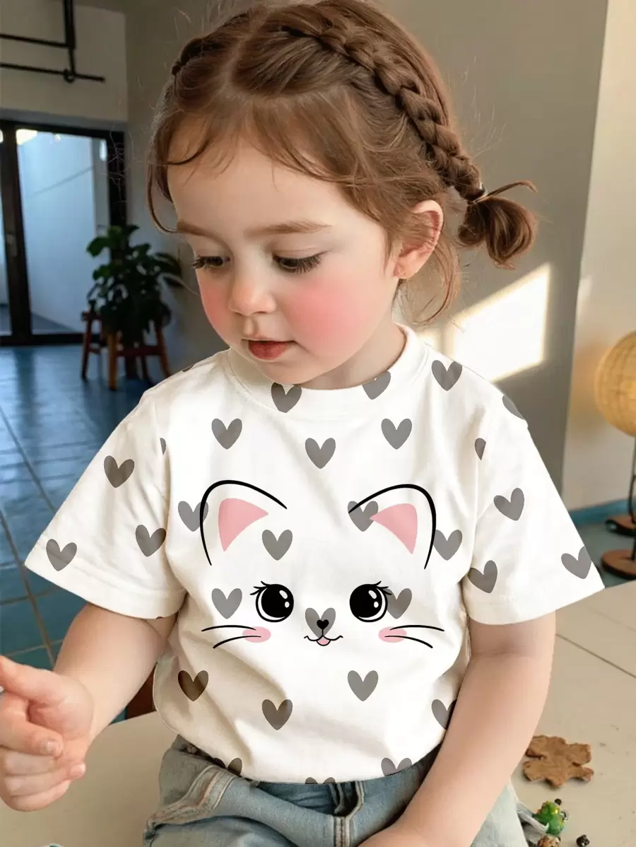 SHEIN 可爱猫咪印花,女婴休闲简约短袖圆领上衣,适合夏季 - 白色 - 查看 1