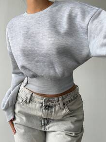 SHEIN EZwear Sudadera corta de mujer de cuello redondo, hombros caídos y manga larga en unicolor