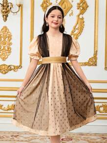 SHEIN Tween Girls' Glamour Chiffon Cape Spliced Foil Dot Mid-Length Dress - Apricot - View 1