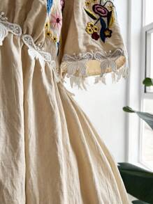 Sweetra 大码编织优雅休闲刺绣 V 领荷叶边下摆连衣裙 - 杏色 - 查看 6