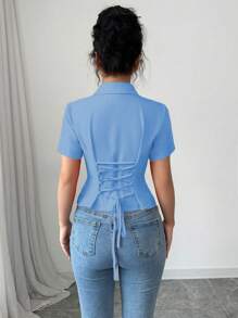 Rafferiza 女士红色高领褶皱收腰泡泡袖复古衬衫，百搭 - 藍色 - 查看 2