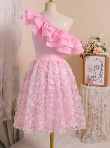 SHEIN Explorewe Tween Girl Solid Color Asymmetric Ruffle Collar Top And Mini Skirt 2 Pieces Set, Fashionable - Multicolor - View 2