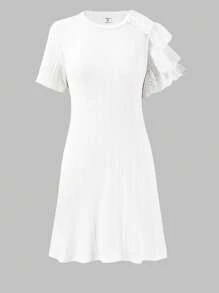 SHEIN Explorewe 少女不对称荷叶边下摆宽松优雅白色 A 字裙，质地舒适，适合夏季、婚礼、婚礼嘉宾、花童 - 白色 - 查看 2