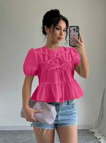 Elenzga Bow Front Puff Sleeve Peplum Blouse Peplum Top - Hot Pink - View 3