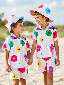 SHEIN 2 件套年轻男孩休闲花卉印花衬衫、短裤和帽子套装，简约风格，适合夏季、度假、出游、假日、旅行、放松、日光浴 - 白色 - 查看 3