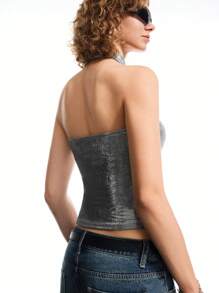 LYSMO Women's Bodycon Cropped Halter Camisole Tank Top - Grey - View 2