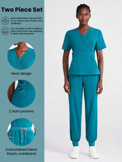 Scrubzie 女式短袖牙科诊所护士工作服 跑步护士和制服 洗手口袋透气拉绒服装套装 带口袋的手术弹性运动工作服 手术上衣和裤子套装 女式手术套装：缺口 V 领塞入式上衣和直筒裤 基本慢跑手术套装 护理服弹力上衣和抽绳工装裤
