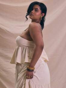 MUSERA Plus Size Spaghetti Strap Bandeau Peplum Top For Holiday, Elegant Spring Summer - Cream - View 2