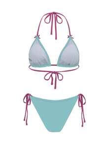 SHEIN Women Beach Outfits, New Solid Color Halter Backless Bowknot Cute Bikini Set, Bathing Suit For Summer Beach Vacation - Blue - View 2
