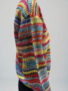 Chiquease Women Rainbow Striped Asymmetrical Gradient Rib-Knit Texture Print Long Sleeve Crew Neck Sweater - Multicolor - View 6