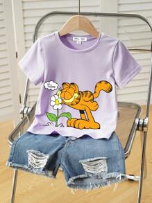 GARFIELD X SHEIN Young Girl Casual Cartoon Cat Print Short Sleeve T-Shirt, Suitable For Summer