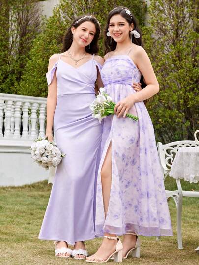 SHEIN 少女浅紫色细肩带编织欧根纱花卉印花连衣裙，适合节日、派对、优雅场合、婚礼、返校、毕业典礼